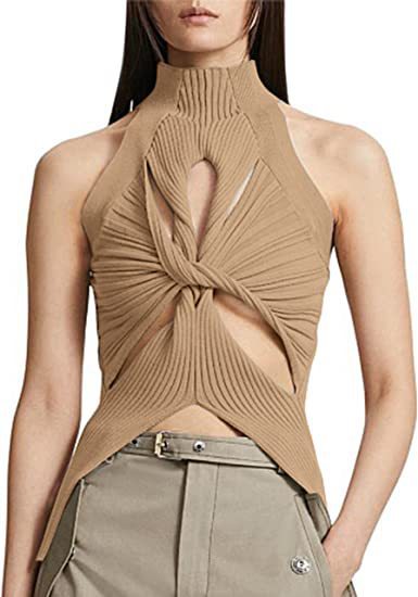 NZ-C00319006 2023 Sexy Irregular Sleeveless Hollow Kink Wool Vest Women's Fashion Semi-turtleneck Solid Color Exposed Navel