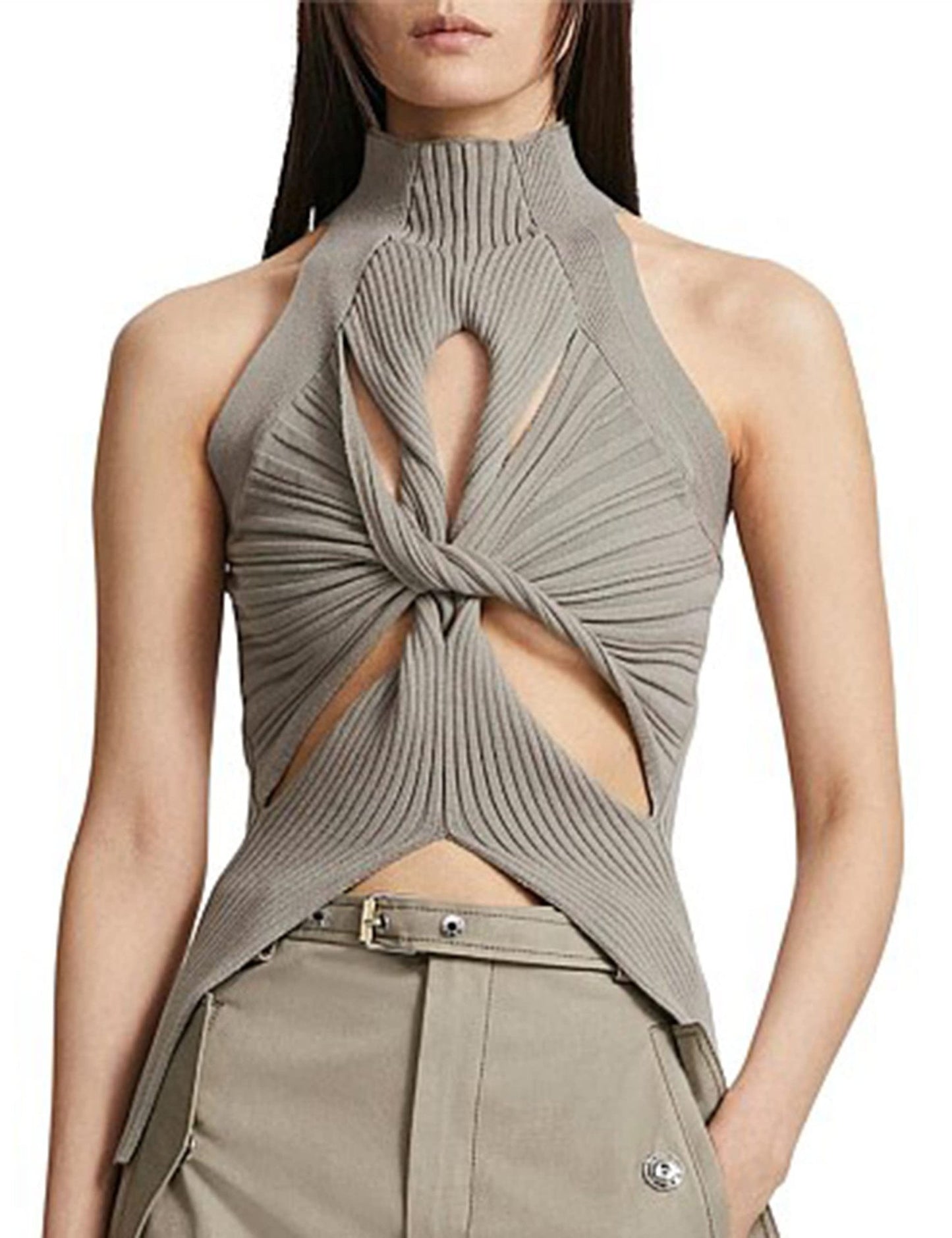 NZ-C00319006 2023 Sexy Irregular Sleeveless Hollow Kink Wool Vest Women's Fashion Semi-turtleneck Solid Color Exposed Navel