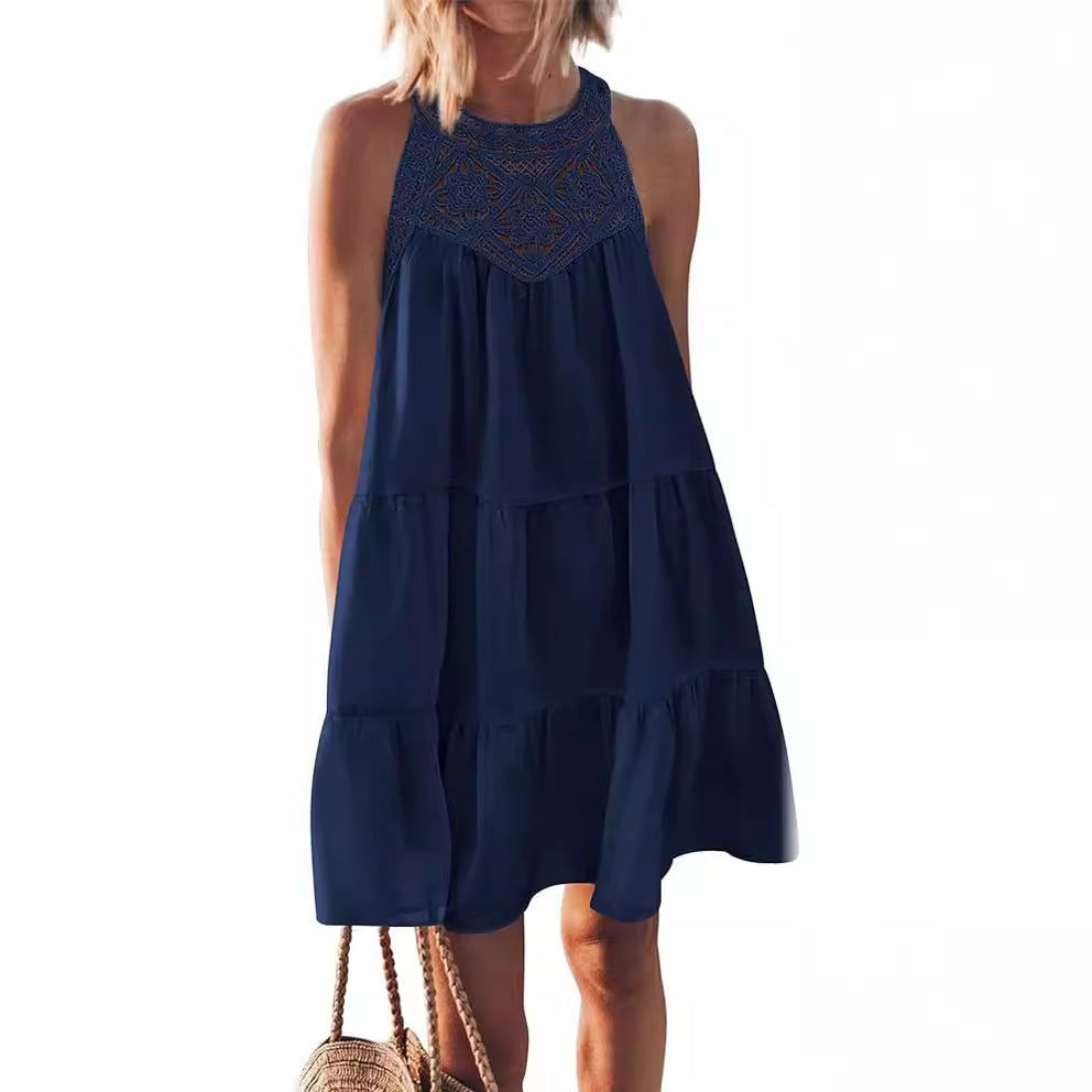 LYQ0052 2025 hollow lace splicing neck A word dress