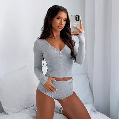 TZ-CO03017002 Women's clothing sexy low-cut V-neck tight long-sleeved top fashion sports style super shorts two-piece set