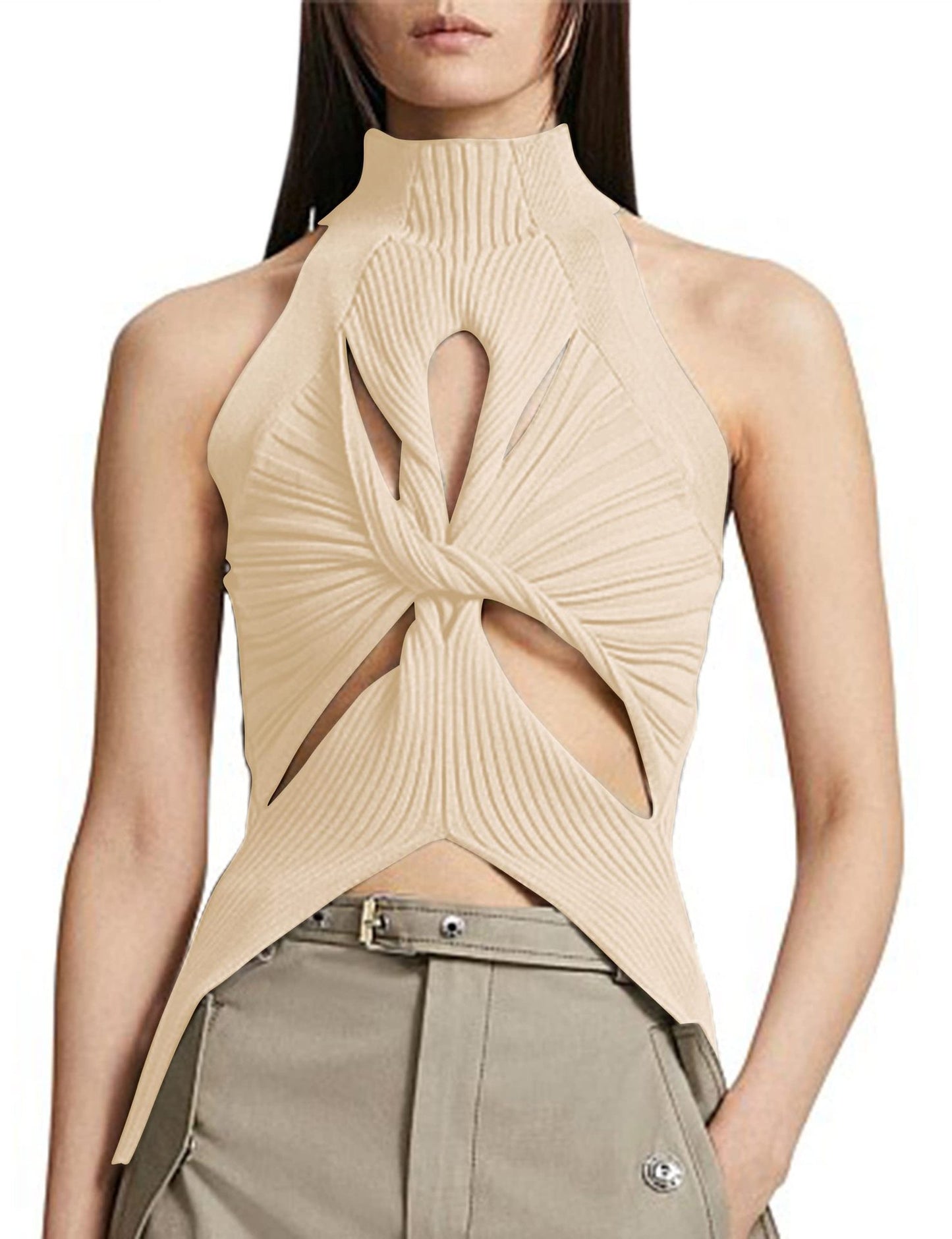 NZ-C00319006 2023 Sexy Irregular Sleeveless Hollow Kink Wool Vest Women's Fashion Semi-turtleneck Solid Color Exposed Navel