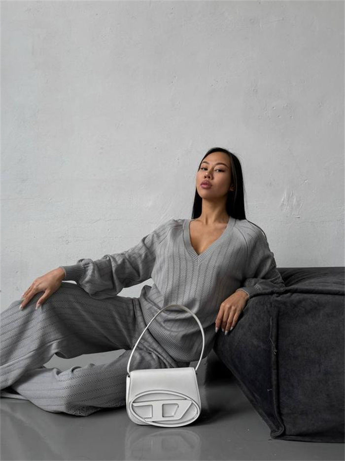 TZ-CO03017004 2025 New V-Neck Loose Striped Sweater Set Casual and Comfortable Knitting 2-piece Set