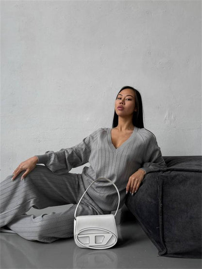TZ-CO03017004 2025 New V-Neck Loose Striped Sweater Set Casual and Comfortable Knitting 2-piece Set