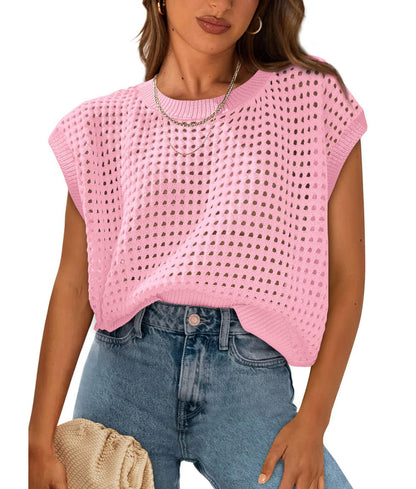 NZ-C00321002 2025 spring and summer new casual crew neck knitted top breathable beach blouse vacation beach