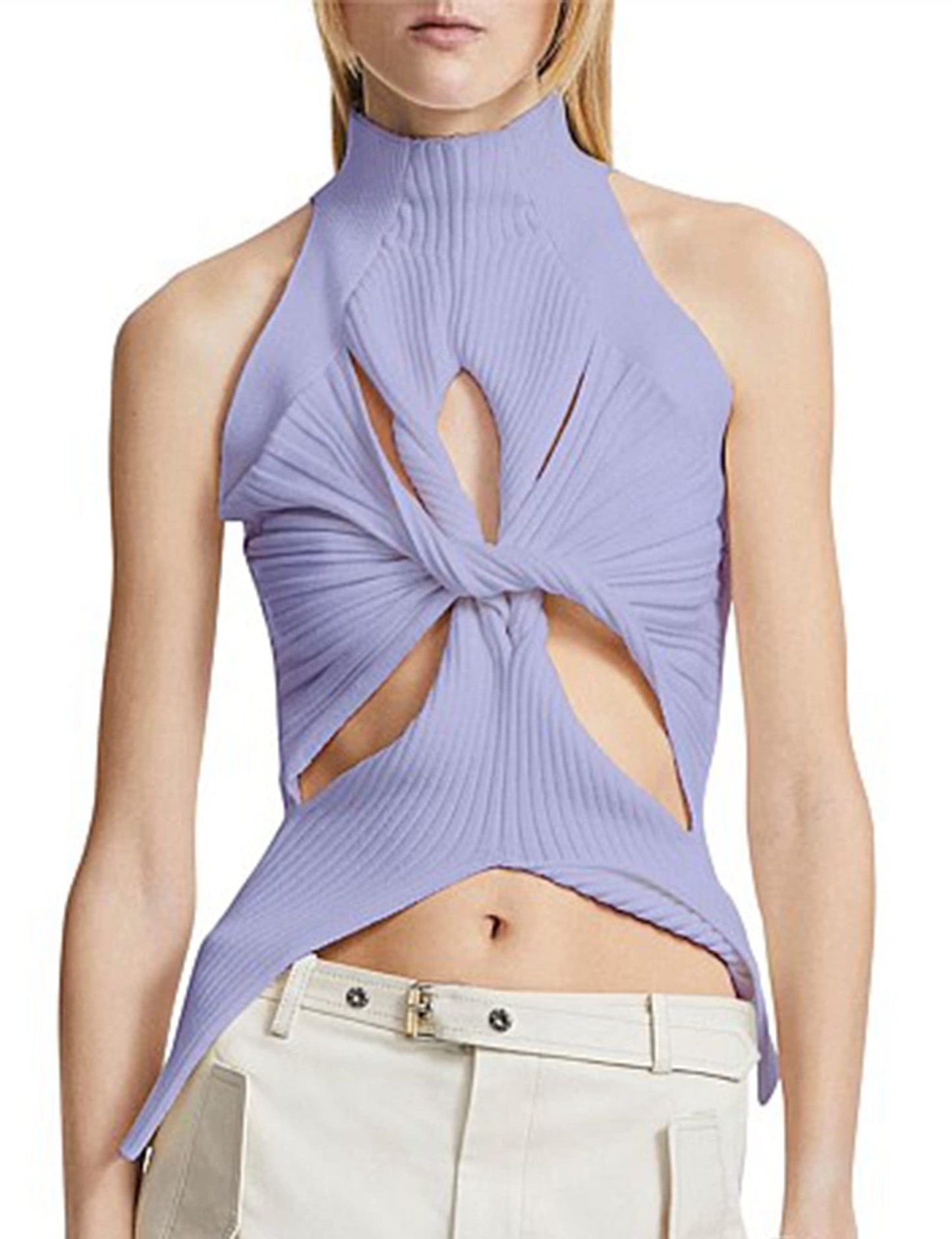 NZ-C00319006 2023 Sexy Irregular Sleeveless Hollow Kink Wool Vest Women's Fashion Semi-turtleneck Solid Color Exposed Navel