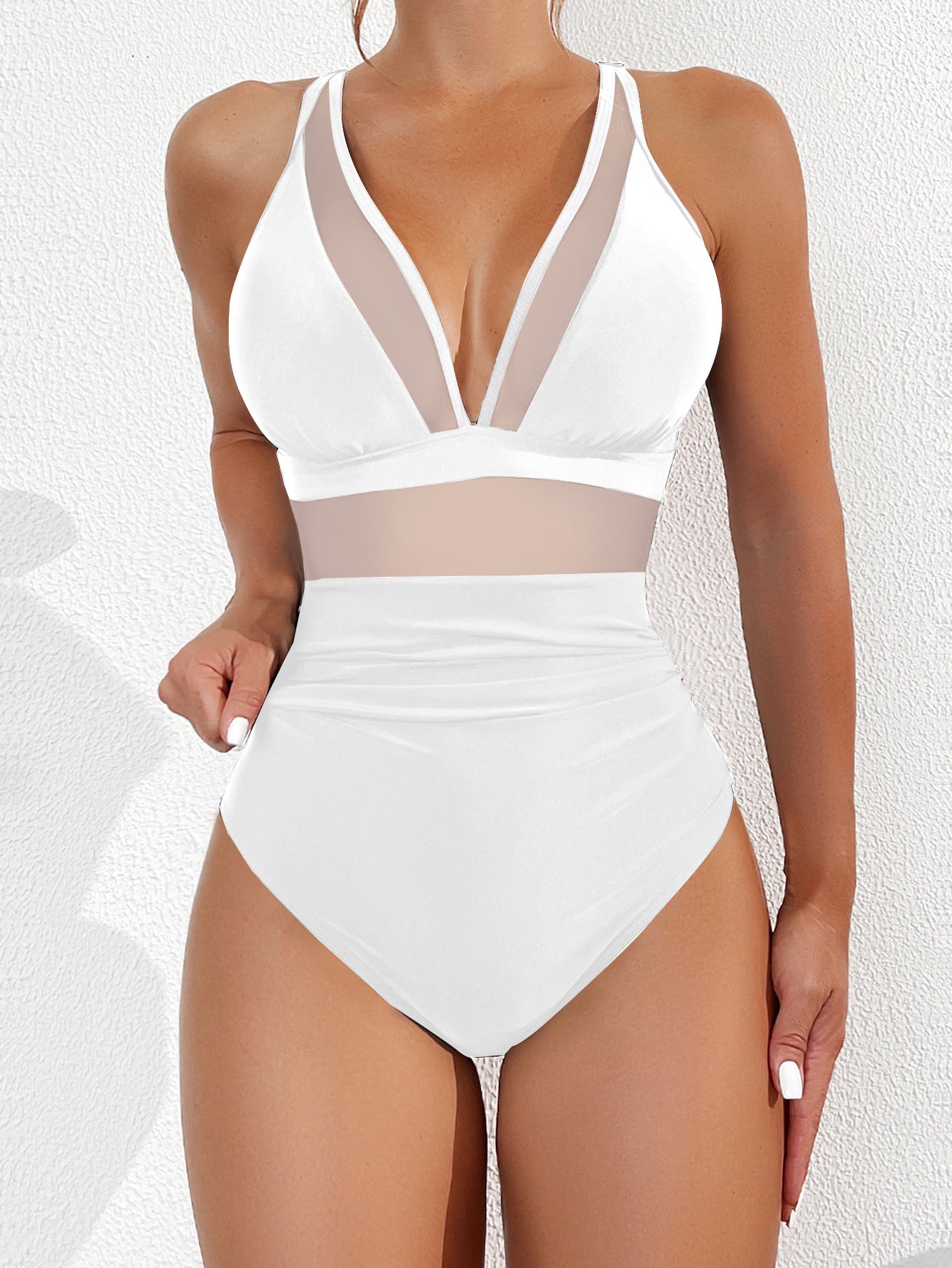 SW-BKI0303002 2025 new bikini solid color mesh halter sexy bikini one-piece swimsuit swimsuit