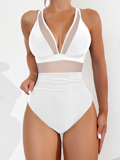SW-BKI0303002 2025 new bikini solid color mesh halter sexy bikini one-piece swimsuit swimsuit
