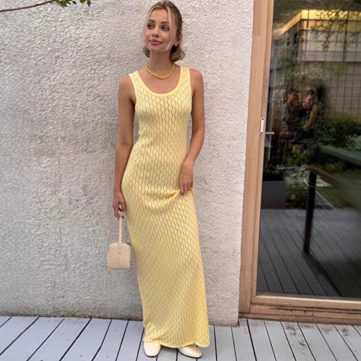 NZ-C00321004 Summer 2025 New Knitted Hollow Solid Color Dress Sexy Slim Suspender Long Dress
