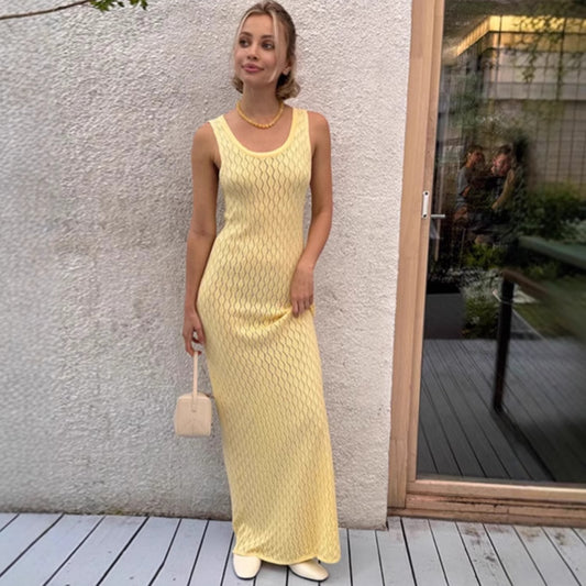 NZ-C00321004 Summer 2025 New Knitted Hollow Solid Color Dress Sexy Slim Suspender Long Dress