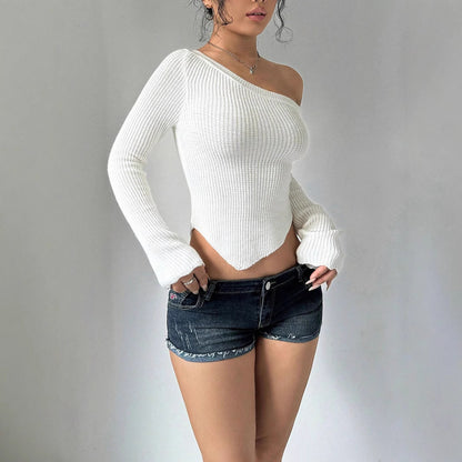 NZ-C00321008 2025 Solid color diagonal neck off-the-shoulder knitted sweater European and American threaded slim-fit design sweater European