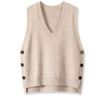 NZ-C00319002 2025 Retro V-neck knitted vest for women's spring and autumn with solid color casual sweater vest vest