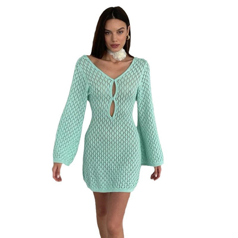 NZ-C00321003 2025 new beach skirt women's solid color sexy knitted hollow bikini swimsuit blouse sunscreen clothing