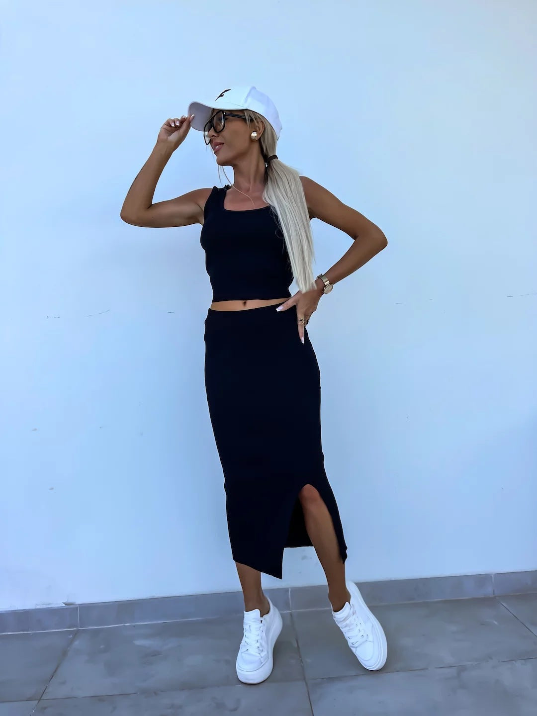 TZ-CO03017003 Women's clothing 2025 summer new vest short skirt set solid color slim top slit skirt women's two-piece set
