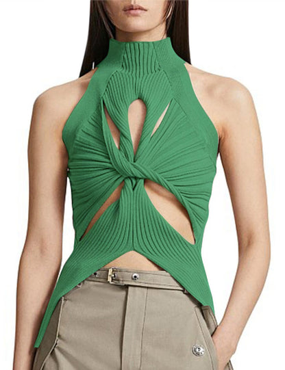 NZ-C00319006 2023 Sexy Irregular Sleeveless Hollow Kink Wool Vest Women's Fashion Semi-turtleneck Solid Color Exposed Navel