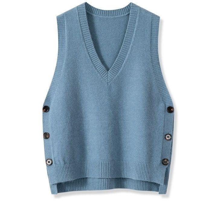 NZ-C00319002 2025 Retro V-neck knitted vest for women's spring and autumn with solid color casual sweater vest vest