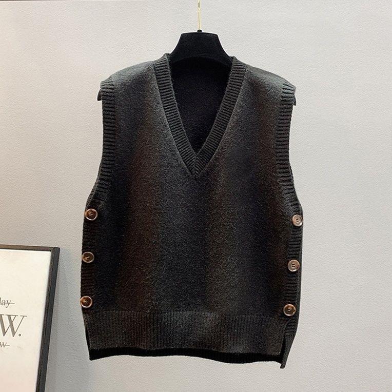 NZ-C00319002 2025 Retro V-neck knitted vest for women's spring and autumn with solid color casual sweater vest vest