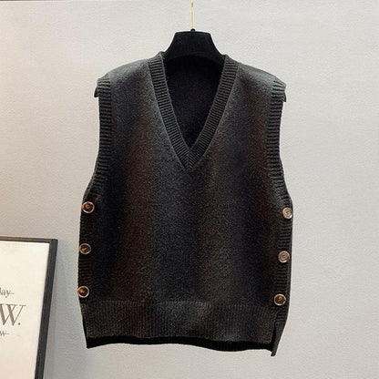 NZ-C00319002 2025 Retro V-neck knitted vest for women's spring and autumn with solid color casual sweater vest vest