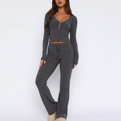 NZ-CO0304018 2025 Spring and Autumn New Set Long Sleeve Button Solid Color Tights Plus Pants Two-piece Set Women