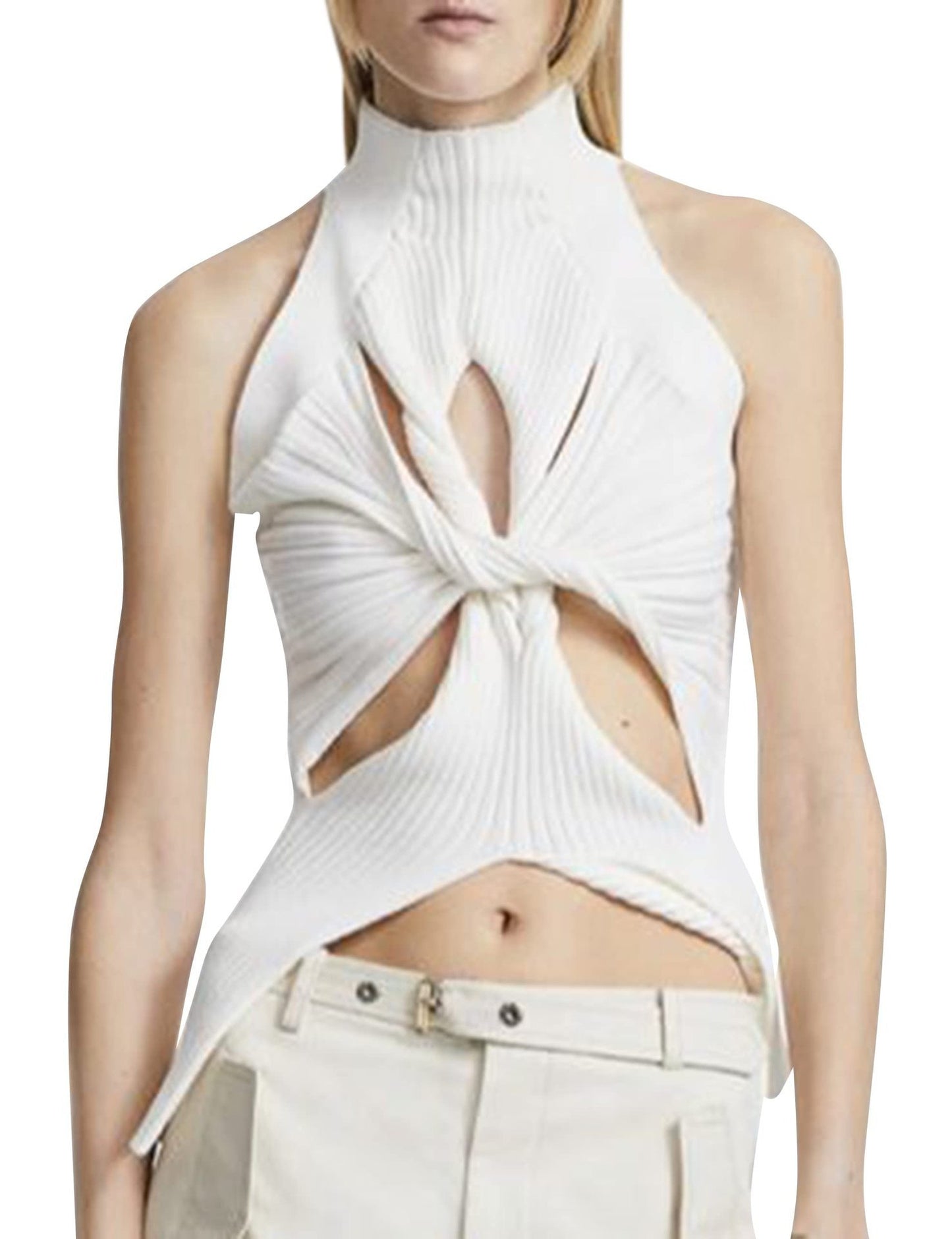 NZ-C00319006 2023 Sexy Irregular Sleeveless Hollow Kink Wool Vest Women's Fashion Semi-turtleneck Solid Color Exposed Navel
