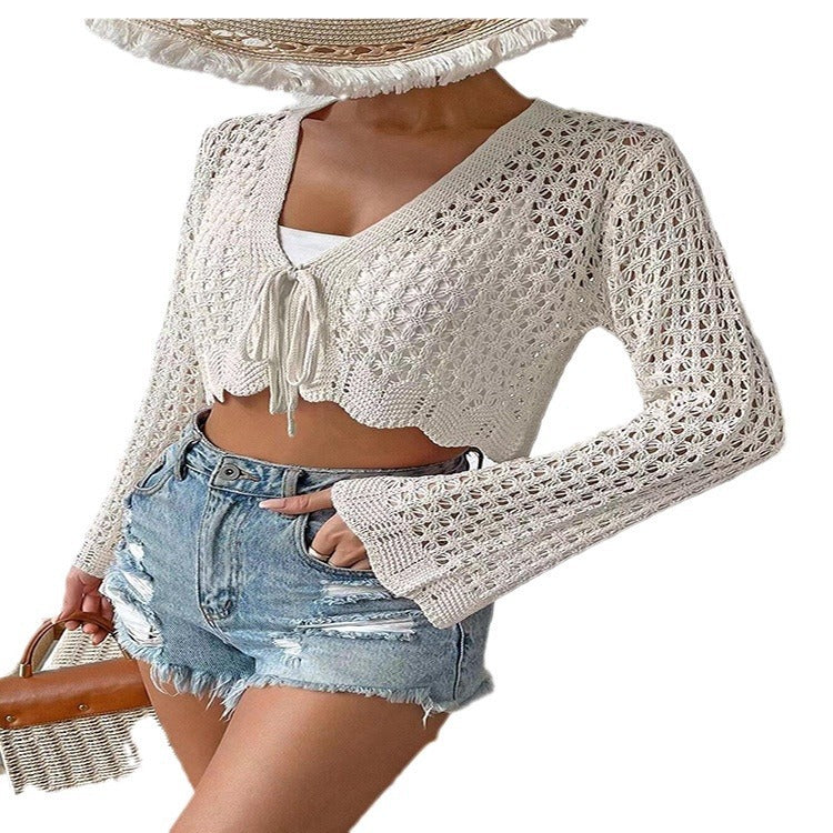 NZ-C00321009 2024 New foreign trade sunscreen hollow V-neck casual lace-up horn long-sleeved cardigan