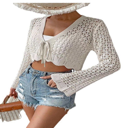 NZ-C00321009 2024 New foreign trade sunscreen hollow V-neck casual lace-up horn long-sleeved cardigan