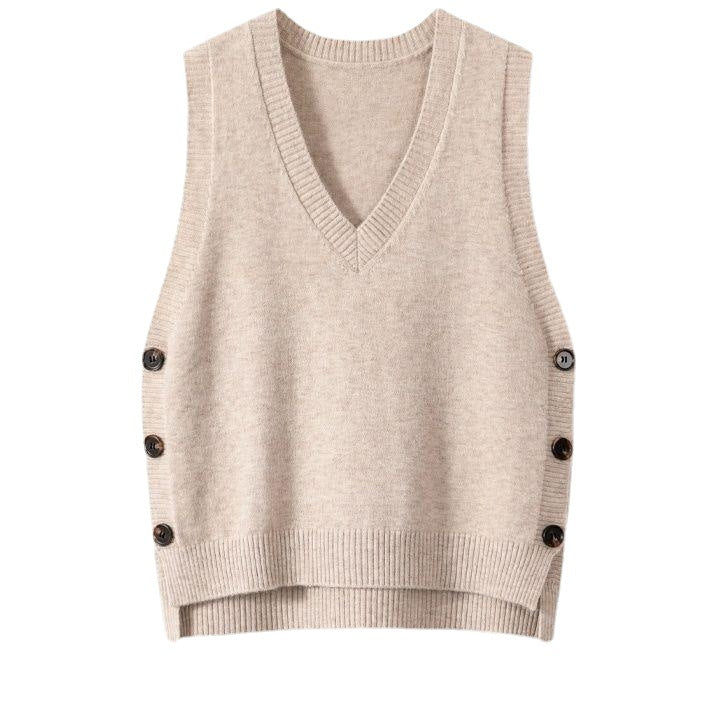 NZ-C00319002 2025 Retro V-neck knitted vest for women's spring and autumn with solid color casual sweater vest vest
