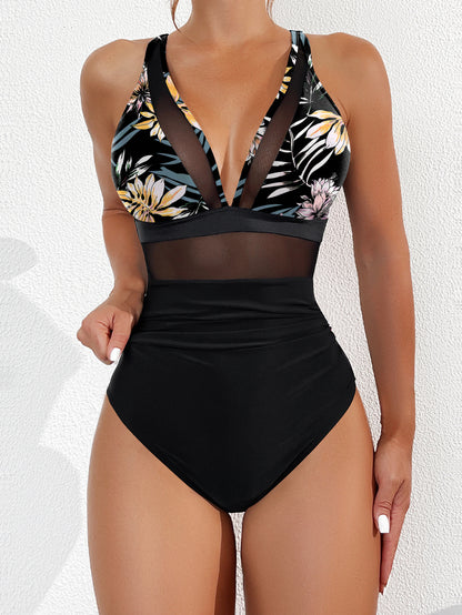 SW-BKI0303002 2025 new bikini solid color mesh halter sexy bikini one-piece swimsuit swimsuit