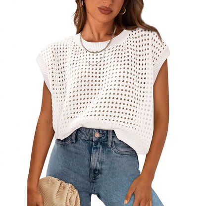 NZ-C00321002 2025 spring and summer new casual crew neck knitted top breathable beach blouse vacation beach