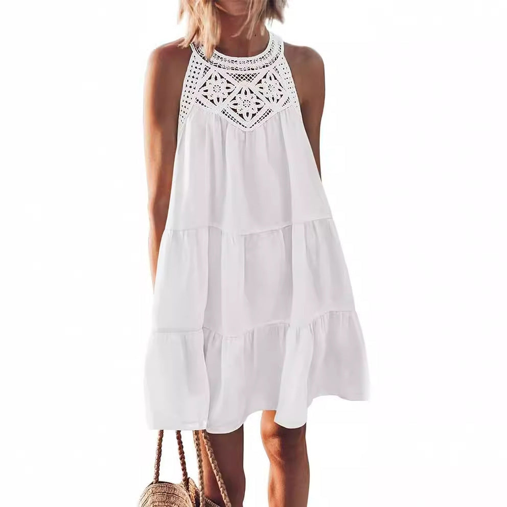 LYQ0052 2025 hollow lace splicing neck A word dress