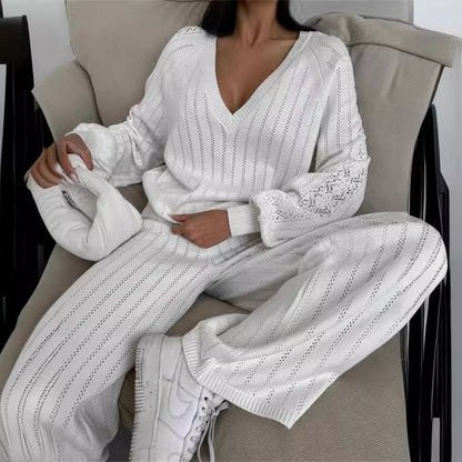 TZ-CO03017004 2025 New V-Neck Loose Striped Sweater Set Casual and Comfortable Knitting 2-piece Set