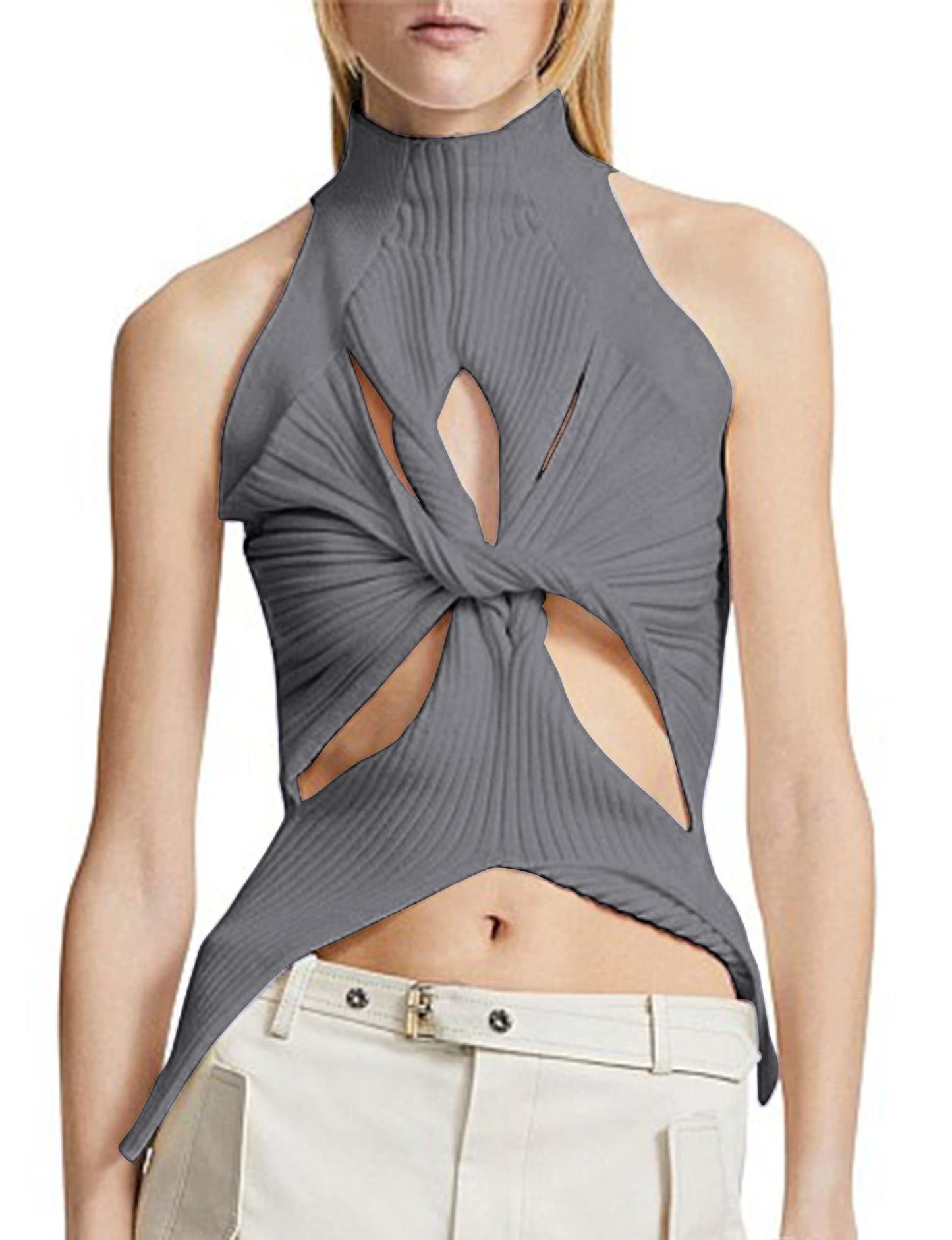 NZ-C00319006 2023 Sexy Irregular Sleeveless Hollow Kink Wool Vest Women's Fashion Semi-turtleneck Solid Color Exposed Navel