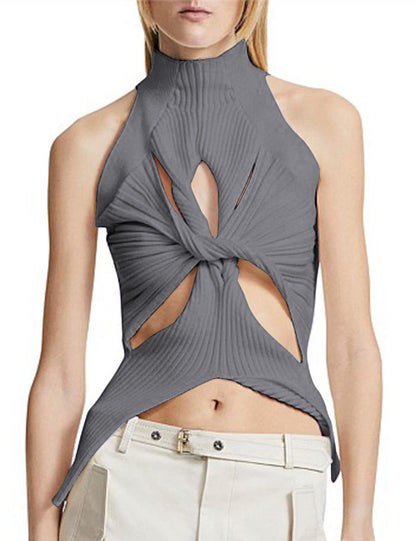 NZ-C00319006 2023 Sexy Irregular Sleeveless Hollow Kink Wool Vest Women's Fashion Semi-turtleneck Solid Color Exposed Navel