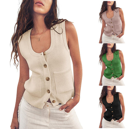 NZ-C00321006 2024 Summer Ribbed Sleeveless Button Down Shirt Crew Neck Vest Top