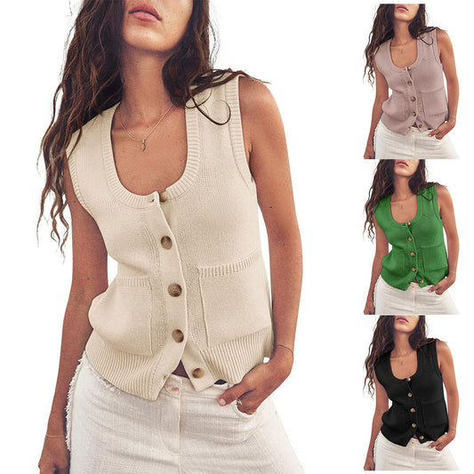NZ-C00321006 2024 Summer Ribbed Sleeveless Button Down Shirt Crew Neck Vest Top