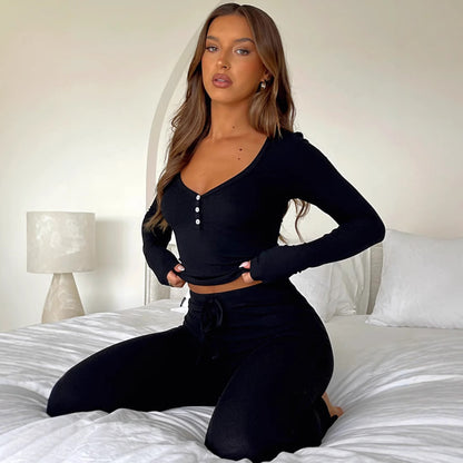 NZ-CO0304018 2025 Spring and Autumn New Set Long Sleeve Button Solid Color Tights Plus Pants Two-piece Set Women