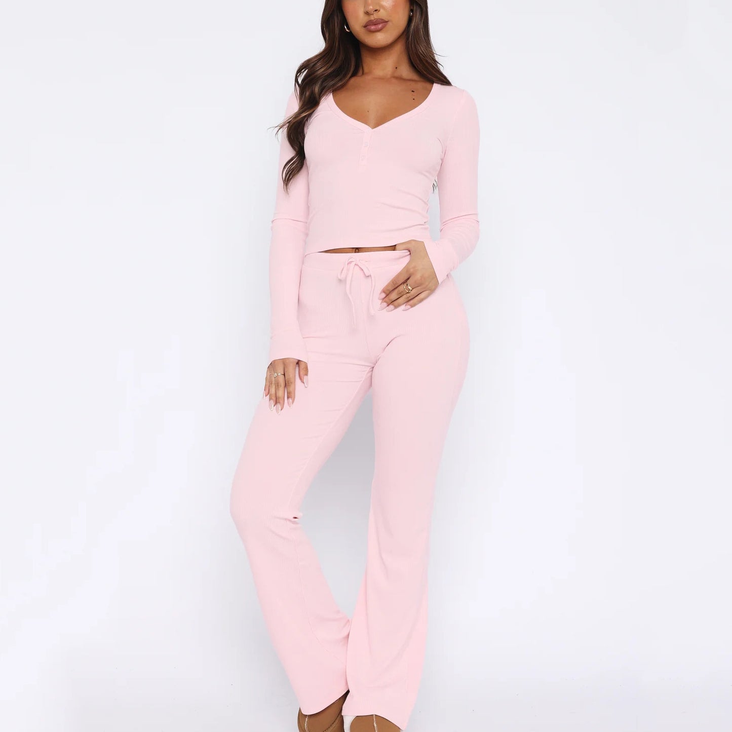 NZ-CO0304018 2025 Spring and Autumn New Set Long Sleeve Button Solid Color Tights Plus Pants Two-piece Set Women