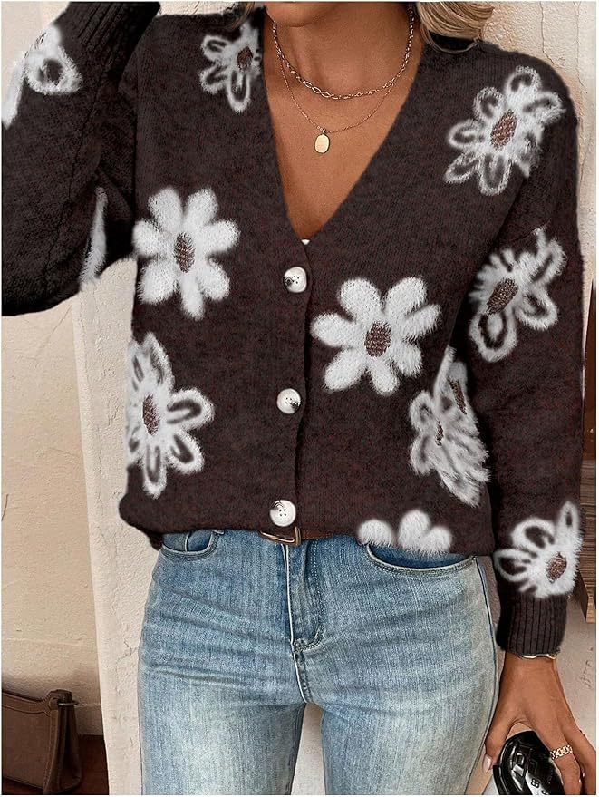 NZ-C00319003 Flower pattern button-up cardigan