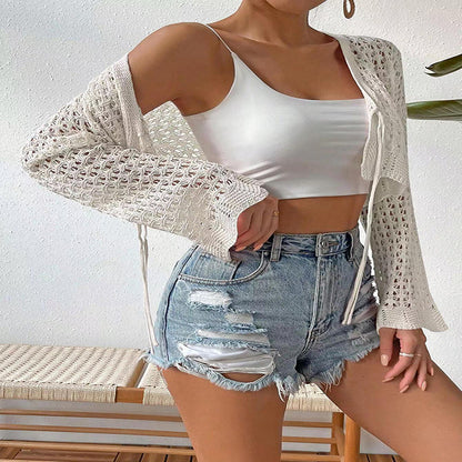 NZ-C00321009 2024 New foreign trade sunscreen hollow V-neck casual lace-up horn long-sleeved cardigan