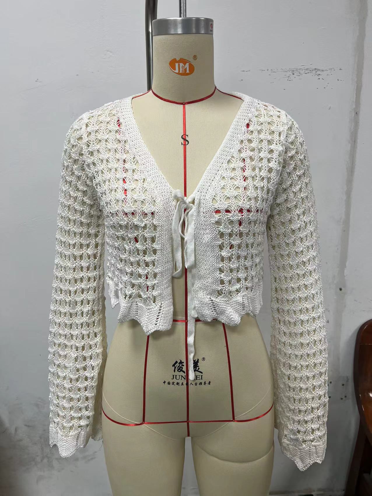 NZ-C00321009 2024 New foreign trade sunscreen hollow V-neck casual lace-up horn long-sleeved cardigan
