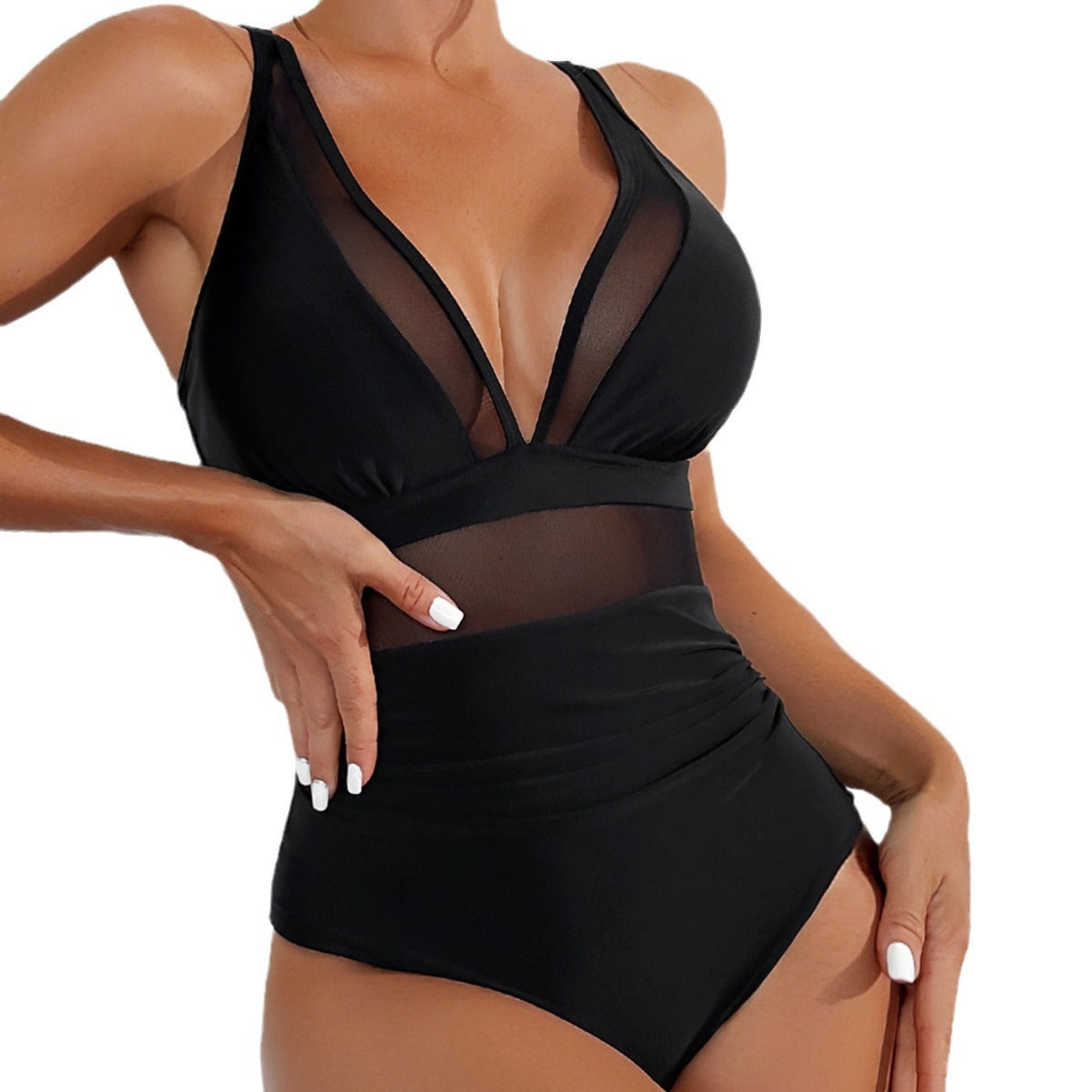 SW-BKI0303002 2025 new bikini solid color mesh halter sexy bikini one-piece swimsuit swimsuit