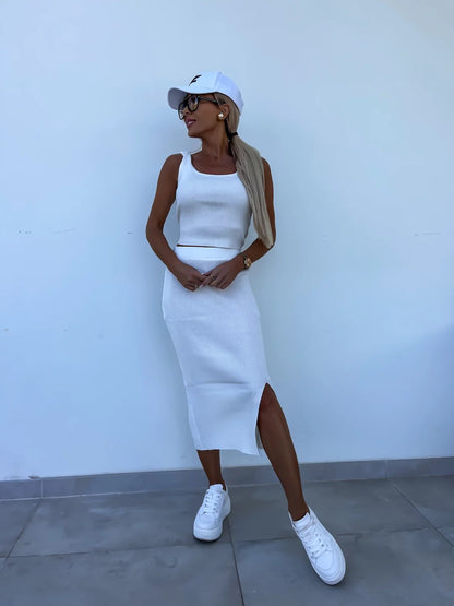 TZ-CO03017003 Women's clothing 2025 summer new vest short skirt set solid color slim top slit skirt women's two-piece set