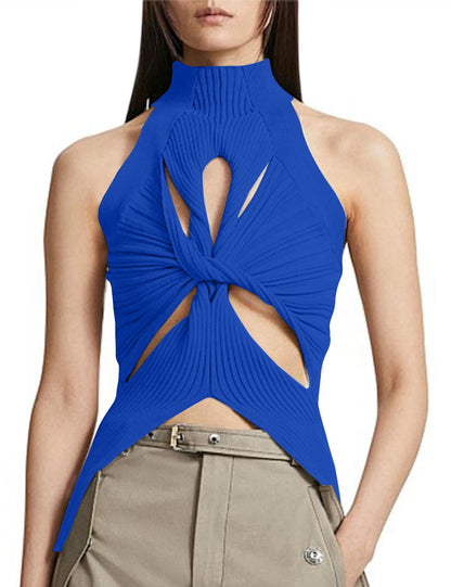 NZ-C00319006 2023 Sexy Irregular Sleeveless Hollow Kink Wool Vest Women's Fashion Semi-turtleneck Solid Color Exposed Navel