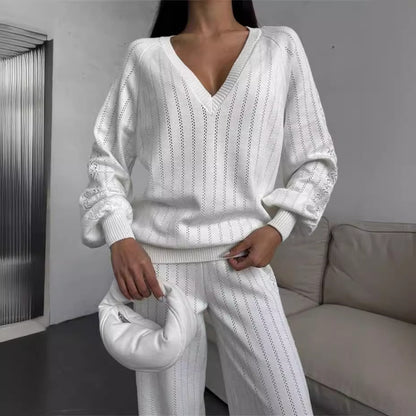 TZ-CO03017004 2025 New V-Neck Loose Striped Sweater Set Casual and Comfortable Knitting 2-piece Set
