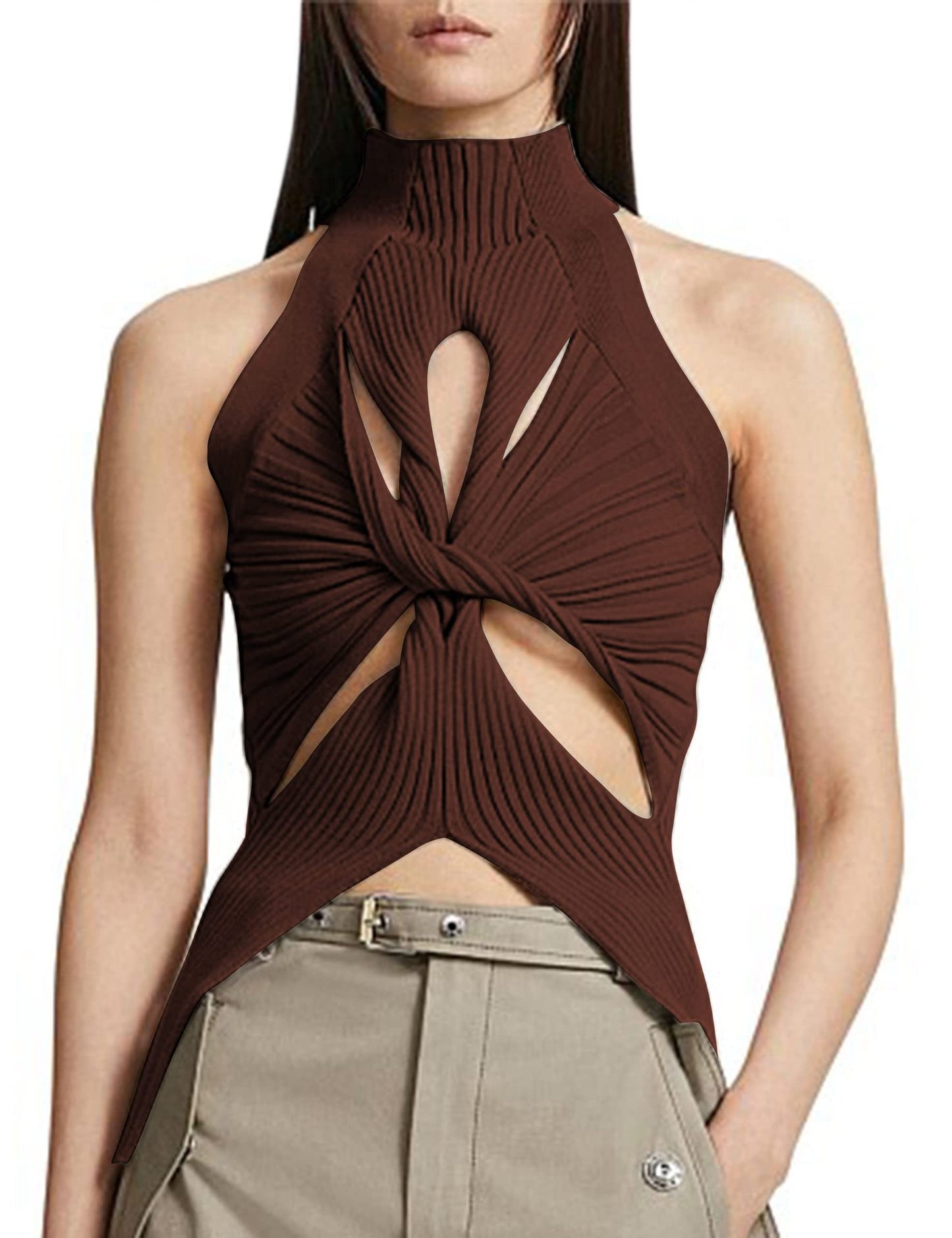NZ-C00319006 2023 Sexy Irregular Sleeveless Hollow Kink Wool Vest Women's Fashion Semi-turtleneck Solid Color Exposed Navel
