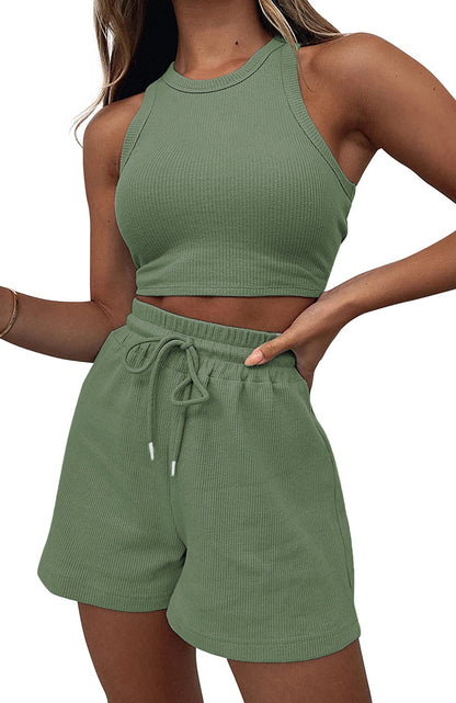 NZ-CO0304004 2025 summer new sleeveless waffle suit, solid color vest fashion casual short 2-piece set women