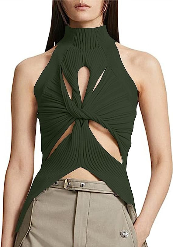 NZ-C00319006 2023 Sexy Irregular Sleeveless Hollow Kink Wool Vest Women's Fashion Semi-turtleneck Solid Color Exposed Navel
