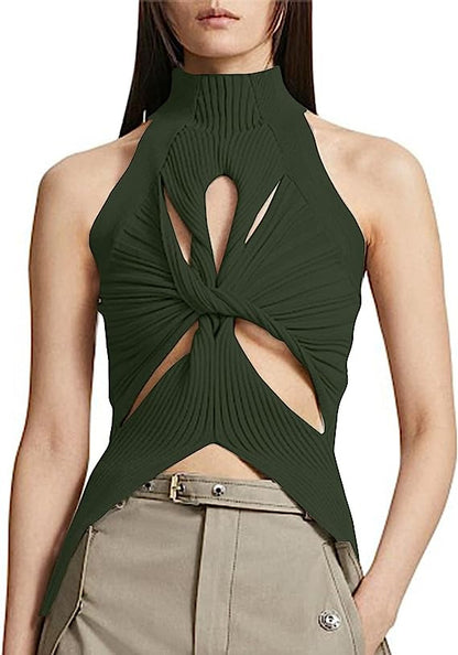NZ-C00319006 2023 Sexy Irregular Sleeveless Hollow Kink Wool Vest Women's Fashion Semi-turtleneck Solid Color Exposed Navel