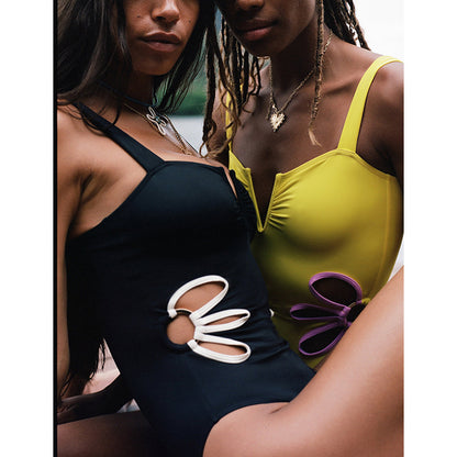 SW-BKI0051 2025 New Fashion Solid Color Sexy V-Neck Hollow Design One-piece Women's Swimsuit on Both Sides