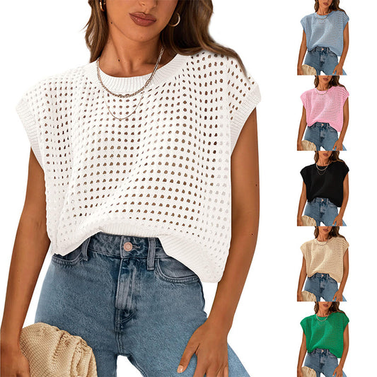 NZ-C00321002 2025 spring and summer new casual crew neck knitted top breathable beach blouse vacation beach