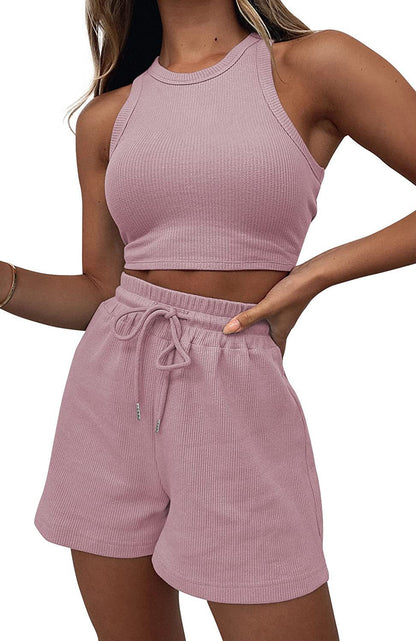 NZ-CO0304004 2025 summer new sleeveless waffle suit, solid color vest fashion casual short 2-piece set women
